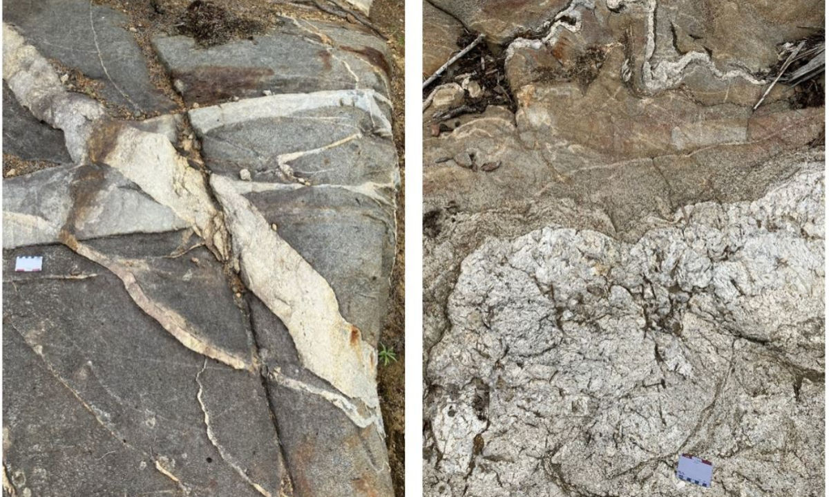 Contacto entre rocas metasedimentarias y pegmatitas blancas.